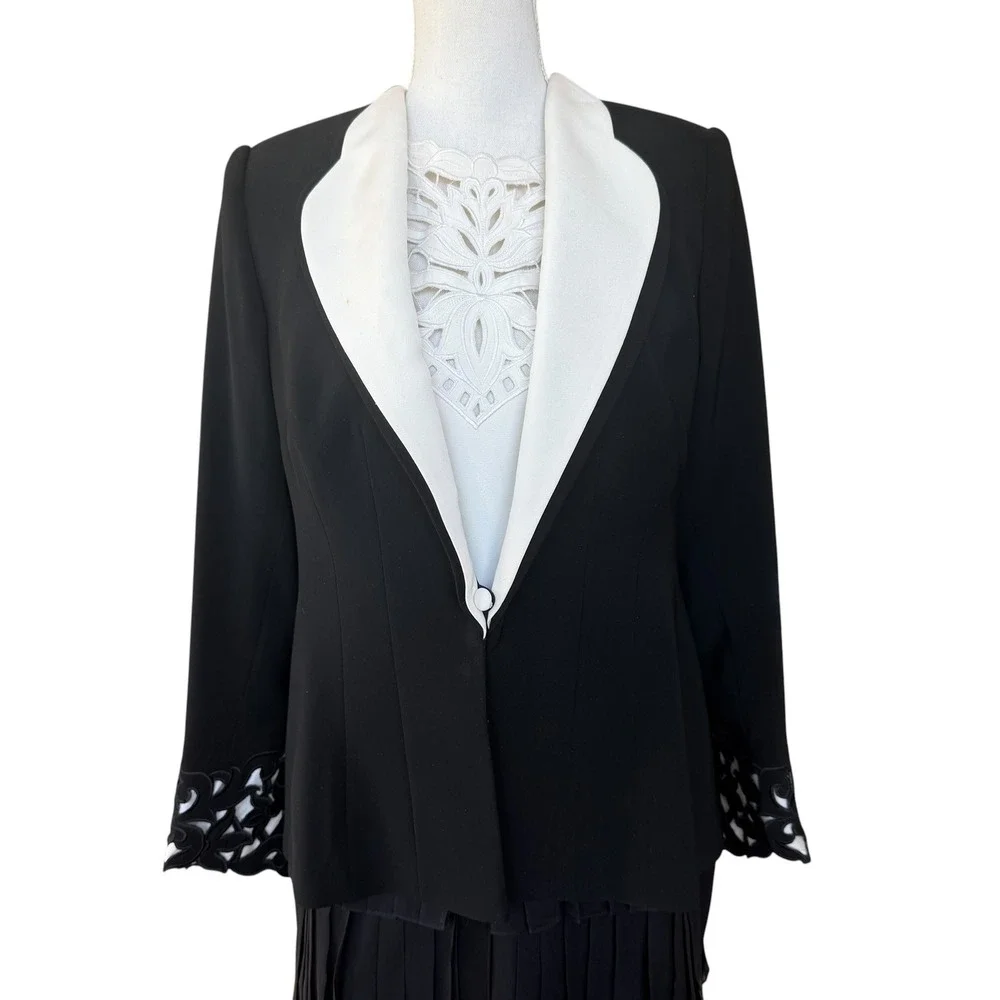 Fe Zandi Beverly Hills 3 Piece Skirt Suit Set Black White Embroidered Size 6